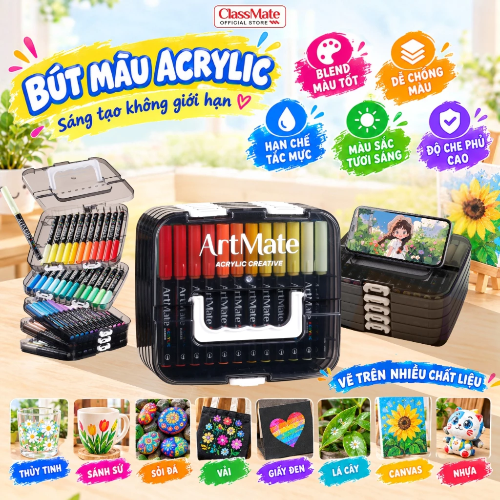 Màu Acrylic Marker Cao Cấp ClassMate 60 Màu Tươi Sáng, Bút Thiết Kế Thông Minh Ra Đều Màu, Dễ Chồng Màu, Chống Thấm Nước