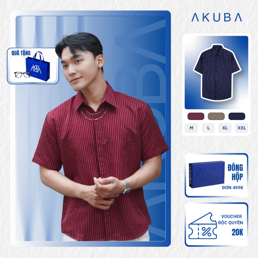 Áo sơ mi nam tay ngắn AKUBA form regular, vải cotton sọc thêu, dáng suông thoải mái, sơ mi sọc dọc nam | 01NE1451