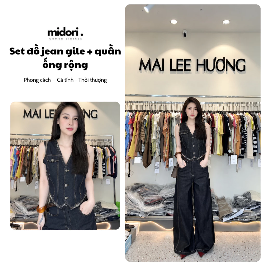 Set bộ Jean, set Jean gile cổ V mix quần ống rộng cạp cao Style Hàn Quốc Midori KK035