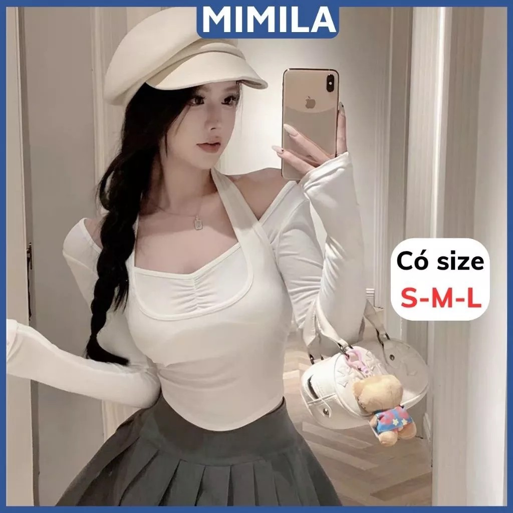 [CÓ SIZE] Áo Thun Trễ Vai Dài Tay Phối Cổ Yếm Nhún Ngực MIMILA Đồ Thu Đông Ôm Dáng Chất Cotton - MA382
