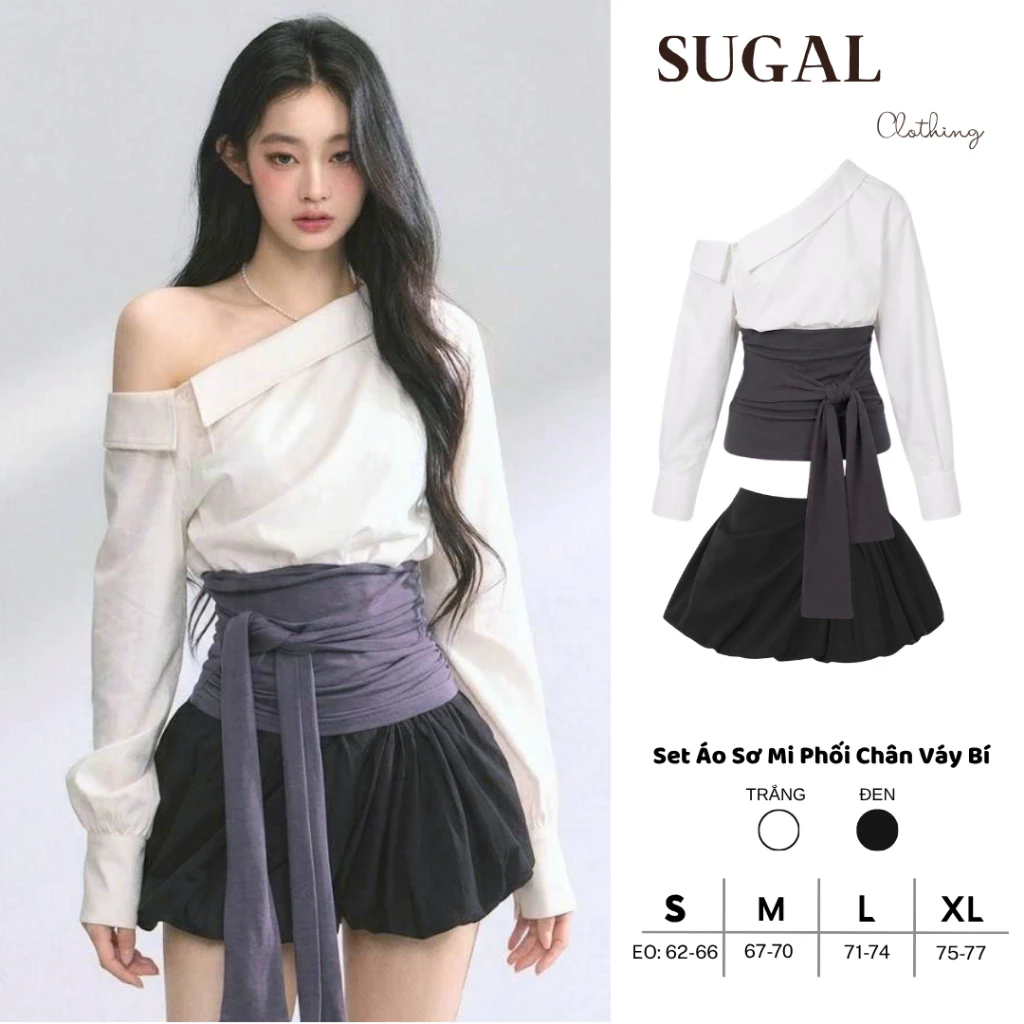 [DEAL MỞ BÁN] SUGAL - Set Áo Sơ Mi Trễ Lệch Vai Điểm Nhấn Phần Thun Eo - Phối Chân Váy Bí Xếp Ly Lệch |TOP 330 + CV 109