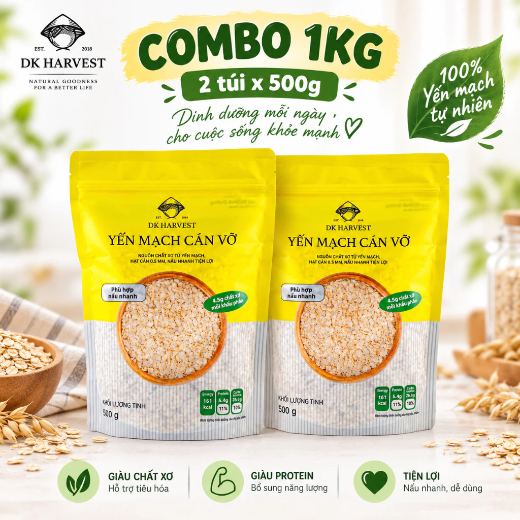 SVIP - Combo 1kg Yến Mạch Cán Vỡ Quick Oats DK Harvest, hàng chuẩn Úc có CO/CQ, nấu cháo cho bé ăn dặm, ăn liền dễ nấu