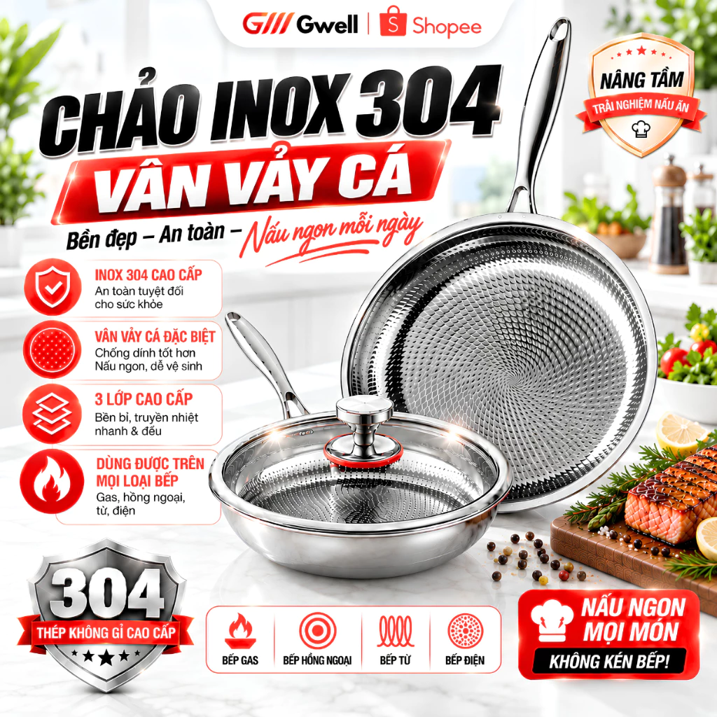 [SSS] Chảo Inox 304 Nguyên Khối Chống Dính Vân Vảy Cá 3 Lớp Cao Cấp Size 20 - 26cm Dùng Trên Mọi Loại Bếp