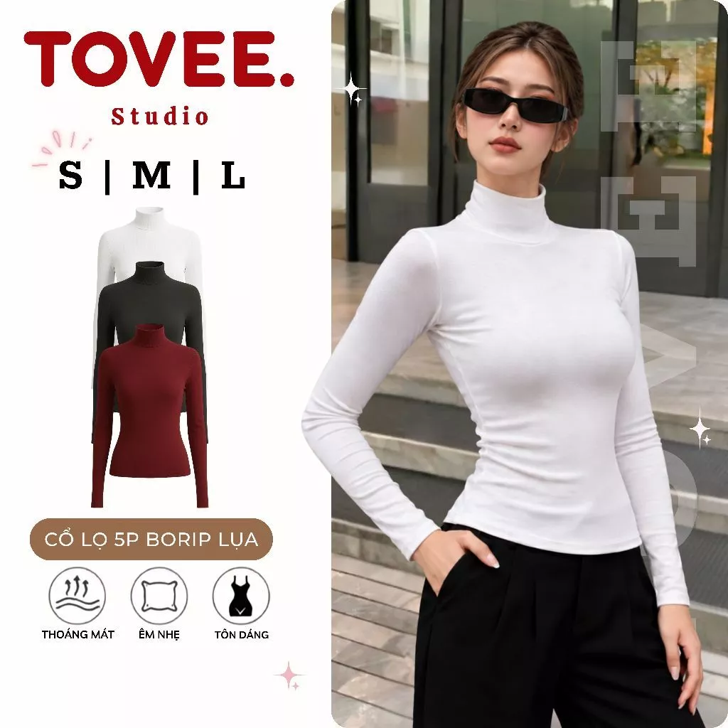 Áo Thun TAY DÀI CỔ LỌ 5CM DÁNG DÀI Nữ Chất Thun Borip Lụa DD136, Áo Babytee Trơn Cổ Cao Ôm Body Kiểu Sexy Hàn Quốc TOVEE