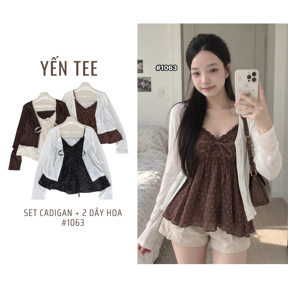 Set Hai chi tiết Cadigan mỏng cotton giấy co giãn kèm áo hai dây hoa nhí cổ tim viền ren, nhẹ nhàngYến Tee #1063