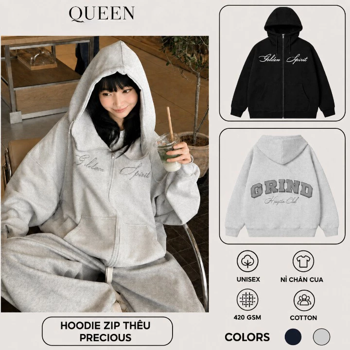 (Không Xù Lông) Áo Khoác Hoodie Zip GRIND Nỉ Chân Cua Cổ Cao Thêu Dạ Nổi Form Rộng Trẻ Trung Cá Tính