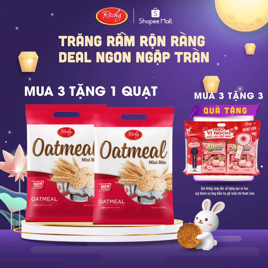 [MUA 3 TẶNG 1 QUẠT]   Combo 2 Bánh Yến Mạch Oatmeal Richy Vị Sữa (250g/Túi), bánh kẹo Richy, Back to school
