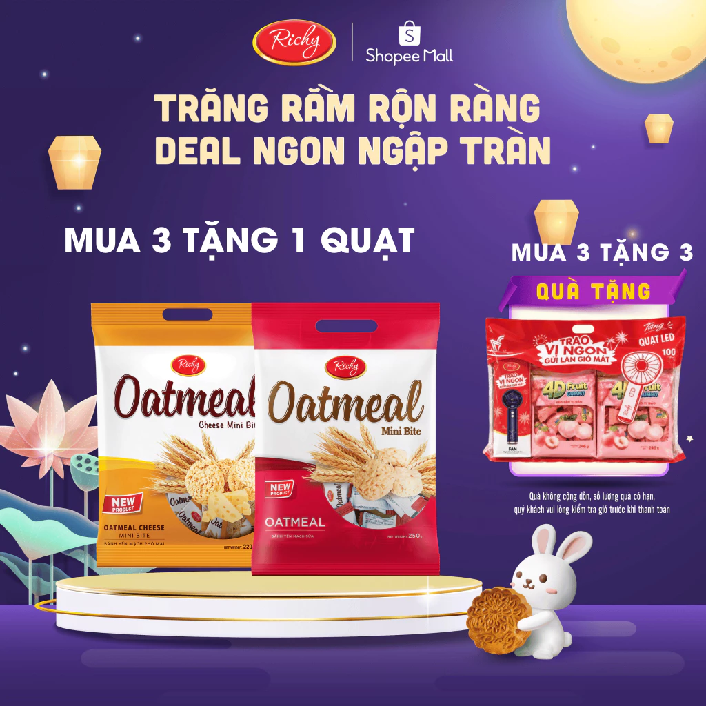 [MUA 3 TẶNG 1 QUẠT] Combo 2 Bánh Yến Mạch Richy 220g-250g, 2 vị (Sữa và Phô Mai) Back to school