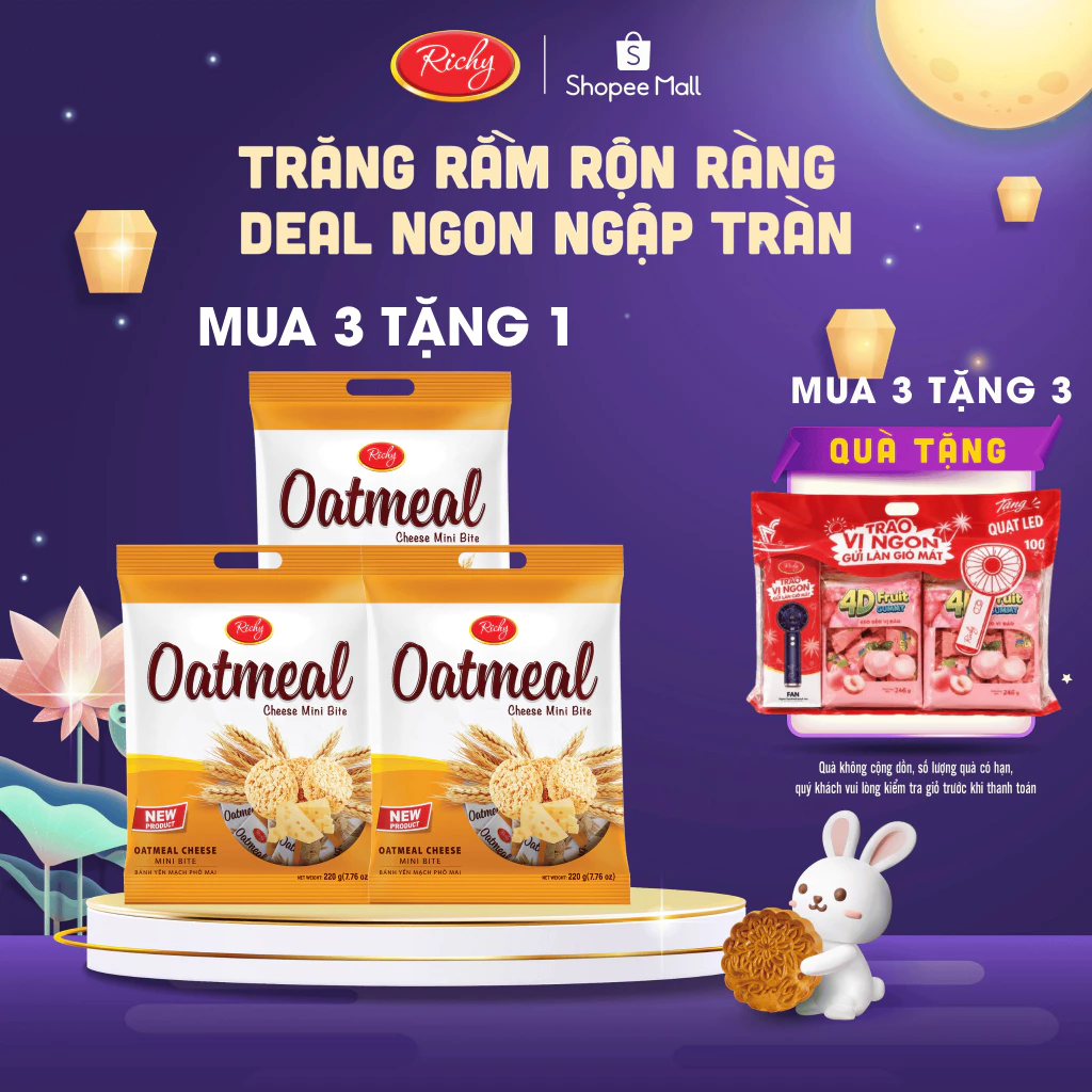 [MUA 3 TẶNG 1] Combo 3 túi bánh yến mạch Oatmeal Richy 220g- 250g Back to school
