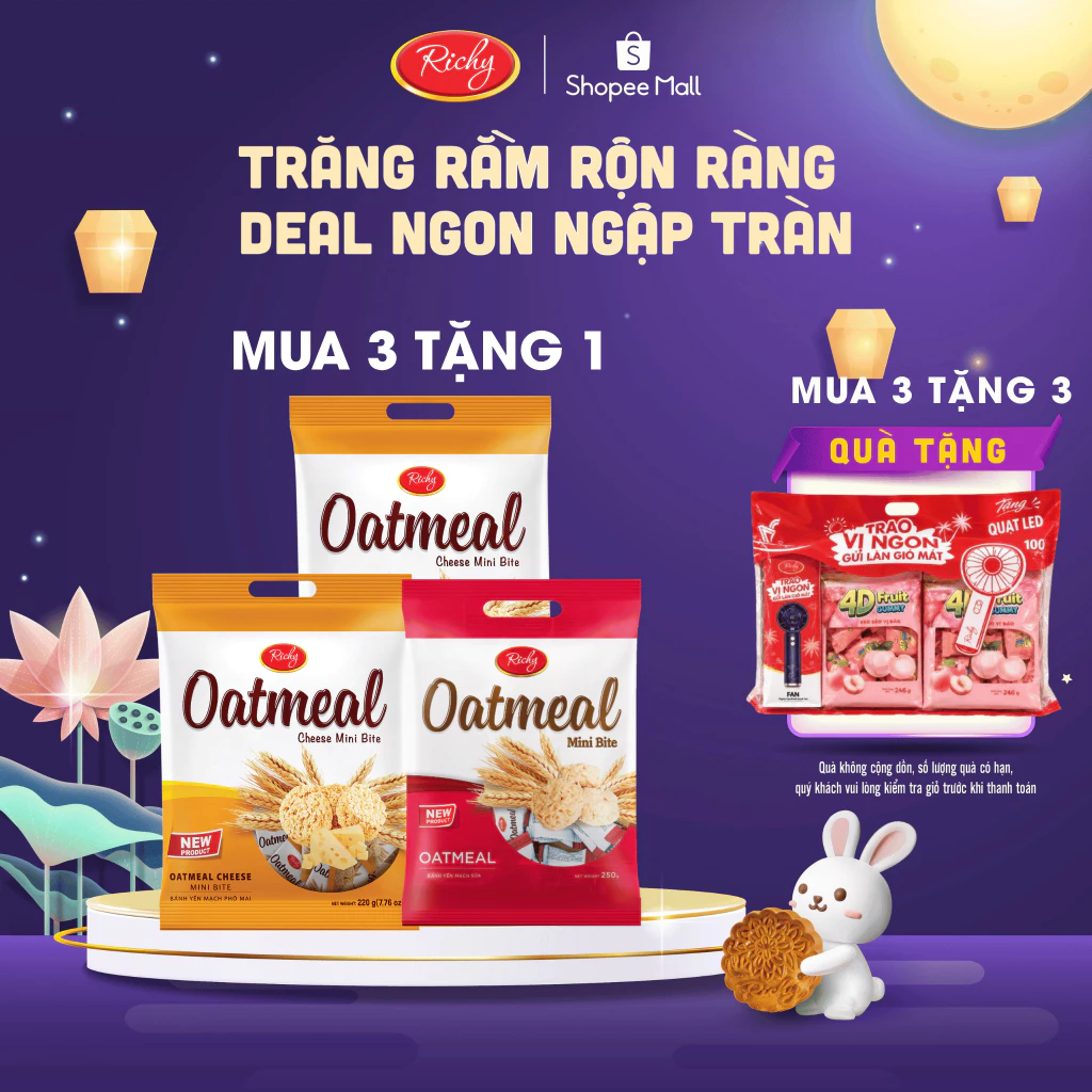 [MUA 3 TẶNG 1 QUẠT] Combo 3 Túi Bánh Yến Mạch Richy Oatmilk Túi 220-250gr Back to school