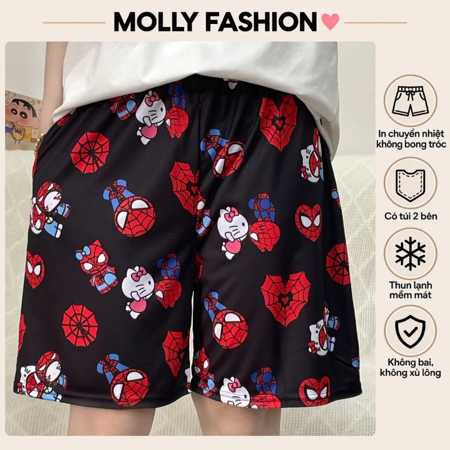 Quần đùi nam nữ MOLLY FASHION thun lạnh Bigsize, quần short mặc nhà hoạt hình KISSING