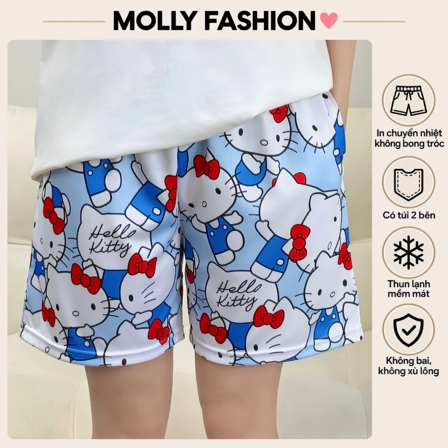 Quần đùi nam nữ MOLLY FASHION thun lạnh Bigsize, quần short mặc nhà hoạt hình BLUE
