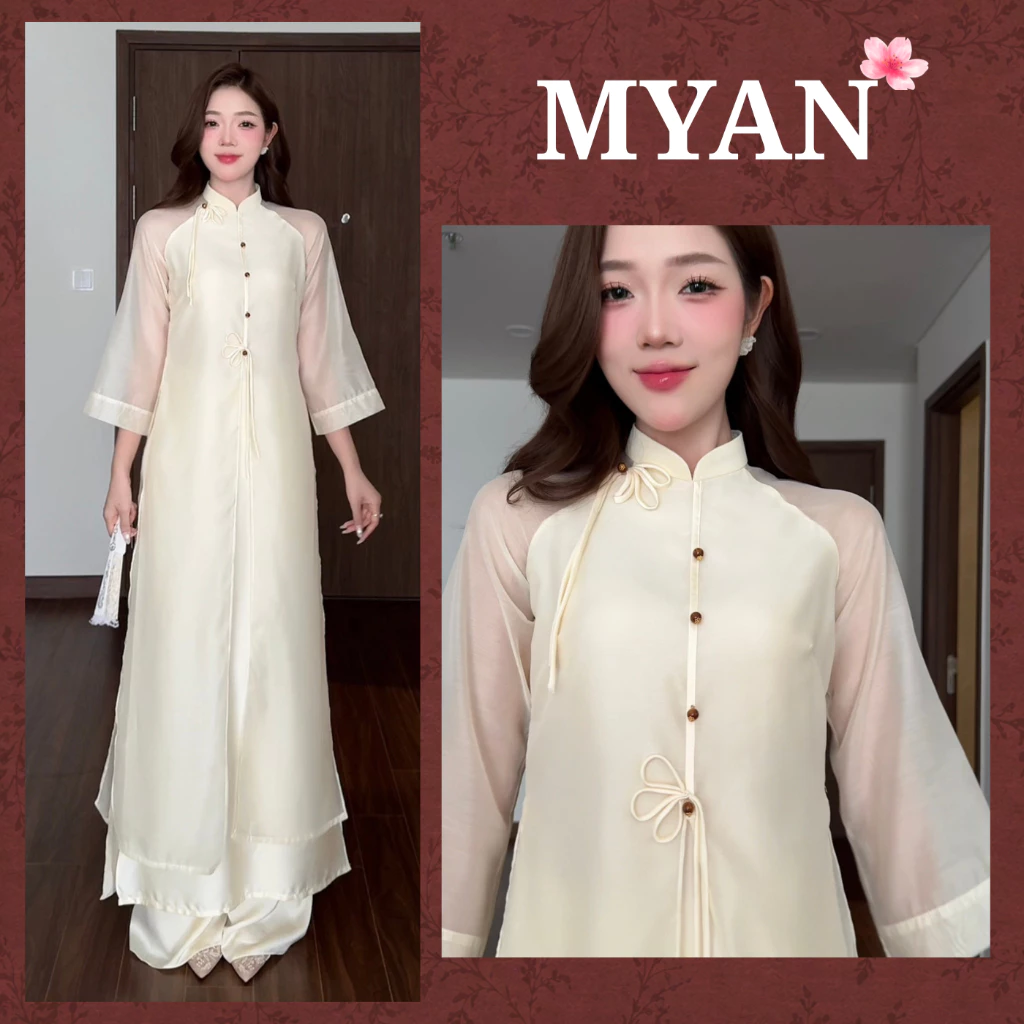 Áo dài tết NGỌC XUÂN, cách tân dáng xuông 5 tà duyên dáng thướt tha, phối nơ ngọc cách điệu - AD Mỹ An