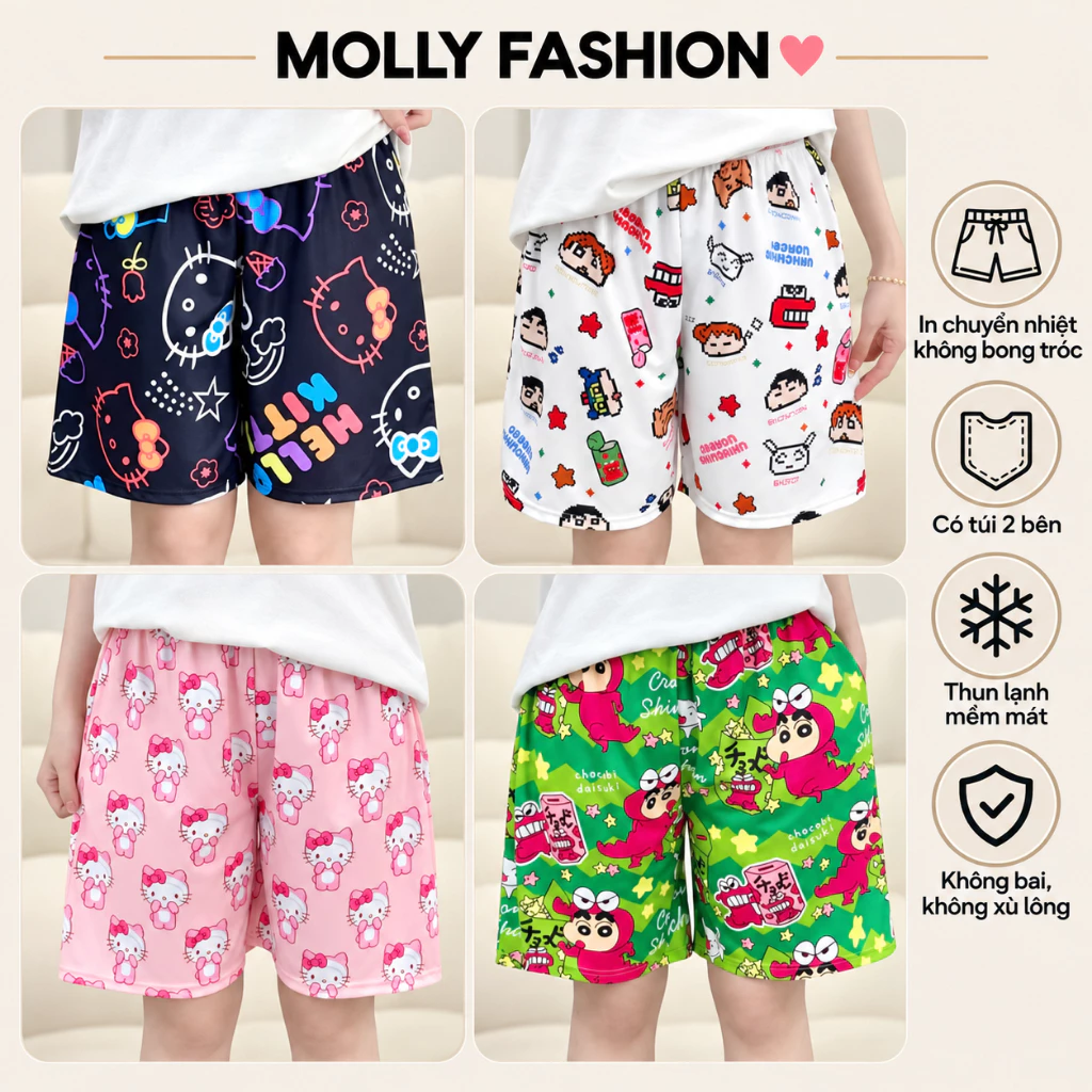 Quần đùi nam nữ MOLLY FASHION thun lạnh Bigsize, quần short mặc nhà hoạt hình đi biển BST02