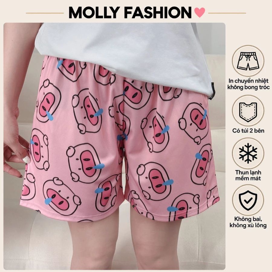 Quần đùi nam nữ MOLLY FASHION thun lạnh Bigsize, quần short mặc nhà hoạt hình - đi biển PIG