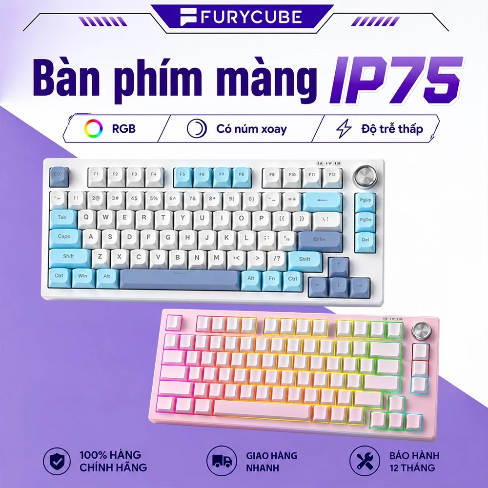 Bàn Phím Màng FURYCUBE IP75 Có Dây – RGB, Keycap PBT, Có Núm Xoay, Gaming & Văn Phòng, Win/macOS