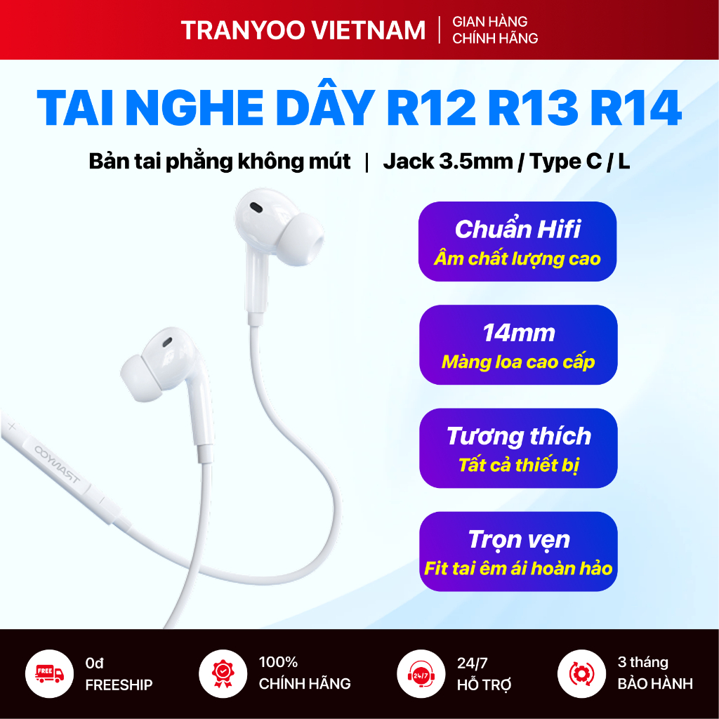 Tai Nghe Có Dây TRANYOO T-R12 R13 R14 Thiết Kế Nhét Tai Phù Hợp Nhu Cầu Văn…
