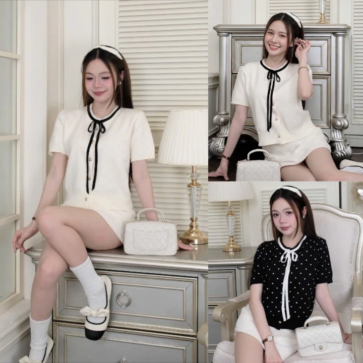 Áo Len Dệt Kim Thắt Nơ Chấm Bi Hồng Sữa L69 Dễ Thương Áo Len Cardigan Nữ Phong Cách Baby Dễ Thương