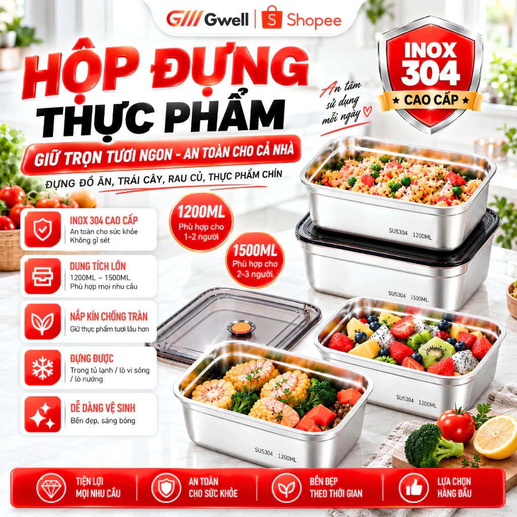 Hộp Đựng Thực Phẩm Inox 304, Hộp Inox Cao Cấp, Nắp Hút Chân Không Kín Mùi, Chống Tràn 1200ML/1500ML