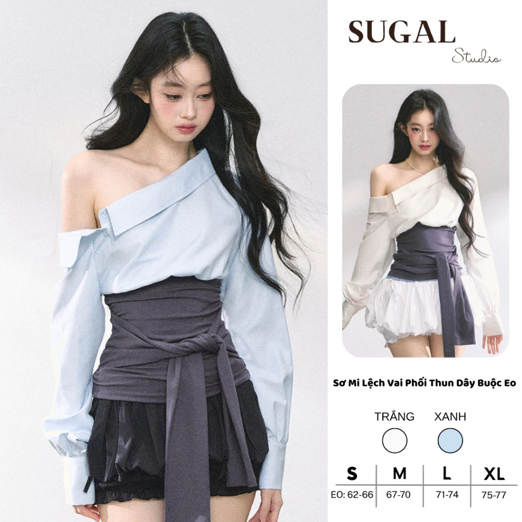 [DEAL MỞ BÁN] SUGAL - Áo Sơ Mi Nữ Trễ Lệch Vai Kèm Đai Ôm Eo Thắt Thun - Áo Kiểu Thiết Kế Trễ Vai Tôn Dáng | TOP 330