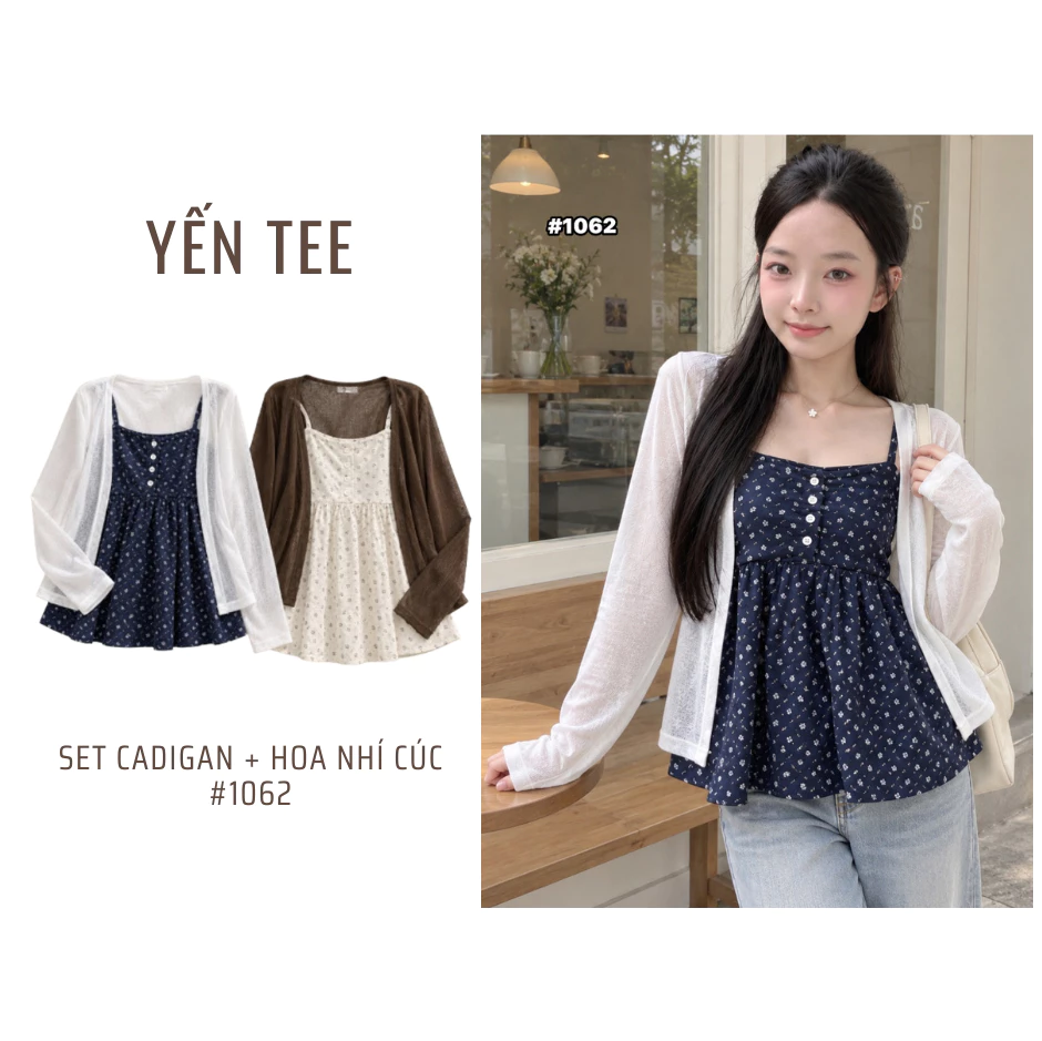 Set cadigan hai chi tiết, cotton giấy mỏng nhẹ kèm áo hai dây hoa nhí nhiều cúc, nữ tính, dễ phối đồ Yến Tee #1062