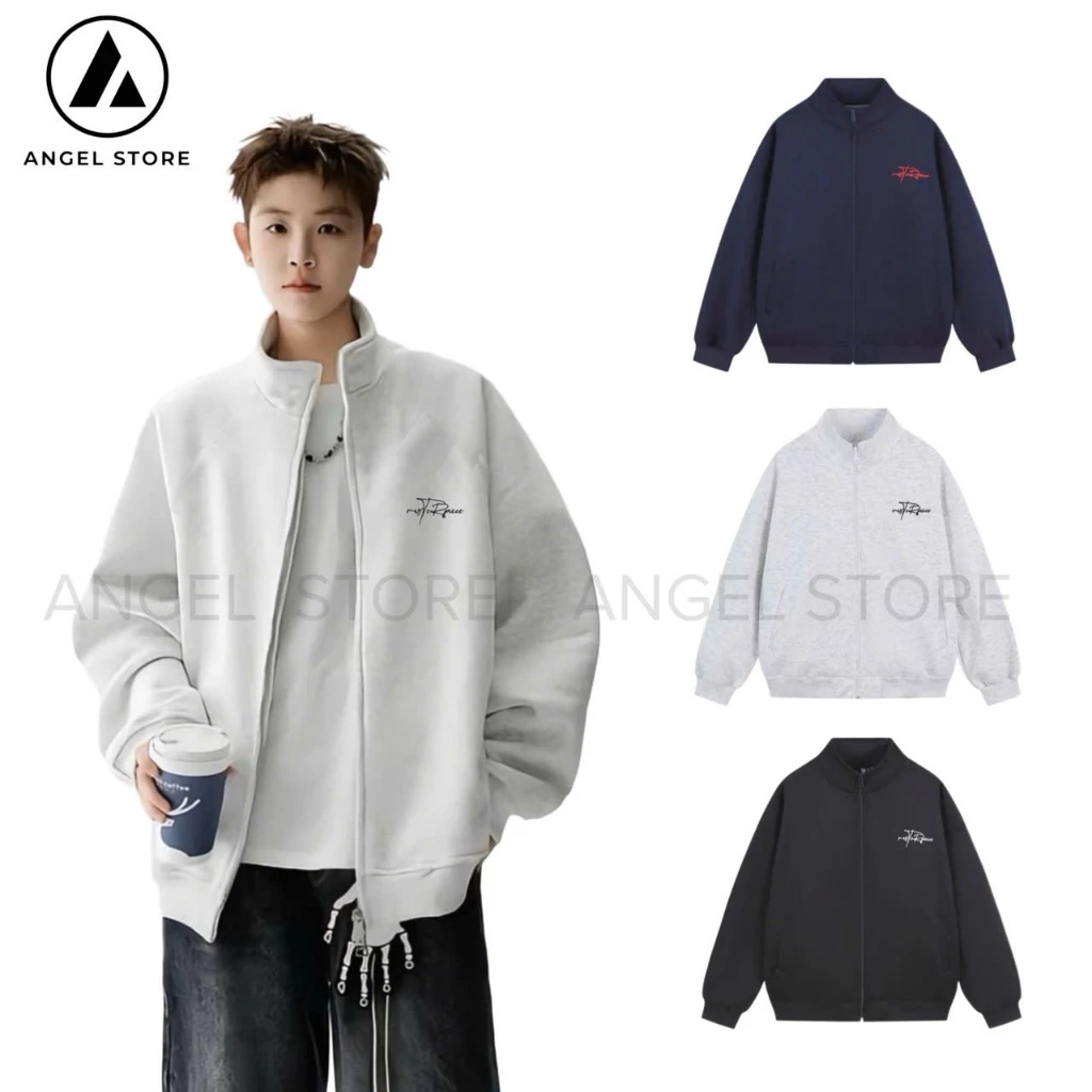 Áo Khoác Nỉ Zip Uniex ANGEL Cổ Cao Chất Vải Nỉ Hai Da logo Thêu Sang Trọng