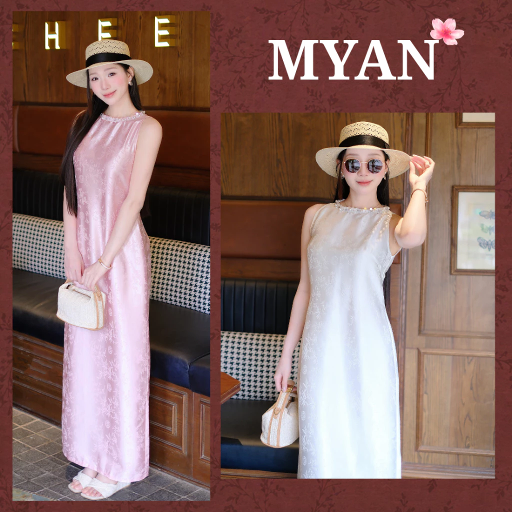 [Hỏa tốc] Đầm lụa, váy lụa dáng dài TRÚC AN, form chiết eo suông nhẹ hoạ tiết lá trúc cổ đính ngọc- Áo Dài Mỹ An