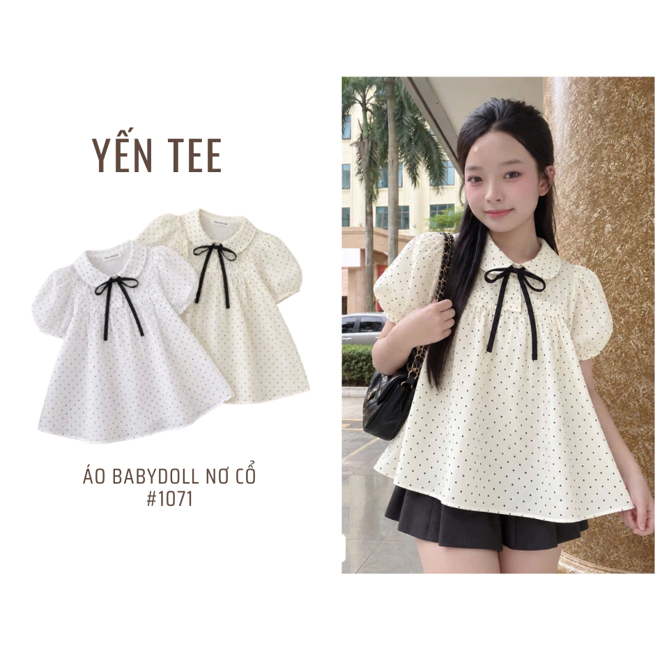 Áo babydoll tay bồng, chấm bi cổ sen thắt nơ, dịu dàng nữ tính, chất đũi mềm, dáng xoè nữ tính Yến Tee #1071