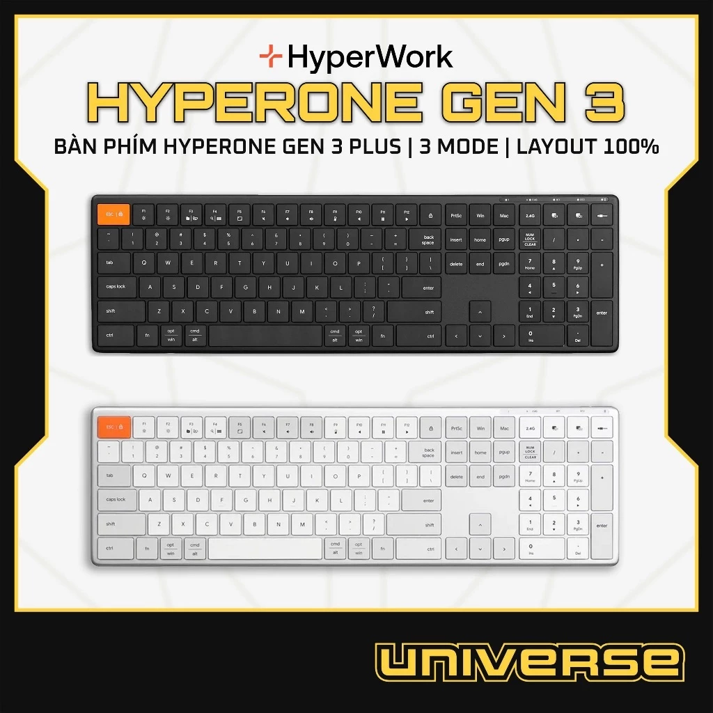 Bàn Phím Không Dây HyperWork HyperOne Gen 3 Plus Full Nhôm 3 Chế Độ Bluetooth 5.2 Receiver TypeC Layout 100% Full Size