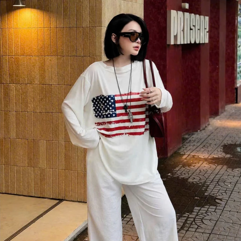 [XẢ DEAL 9K]Áo Thun Nữ Giấy Form Rộng In Cờ Mỹ Cá Tính Unisex Tay Dài Áo Phông Nữ Oversize Thời Trang