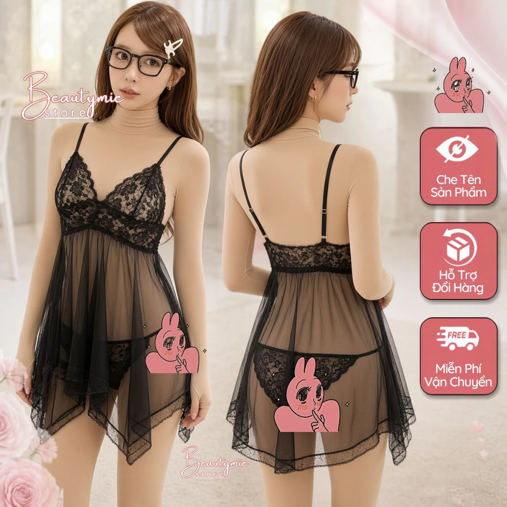 Váy ngủ sexy gợi cảm xuyên thấu tặng quần chip DN10 Đồ ngủ nữ cám dỗ đầm ngủ hai dây quyến rũ
