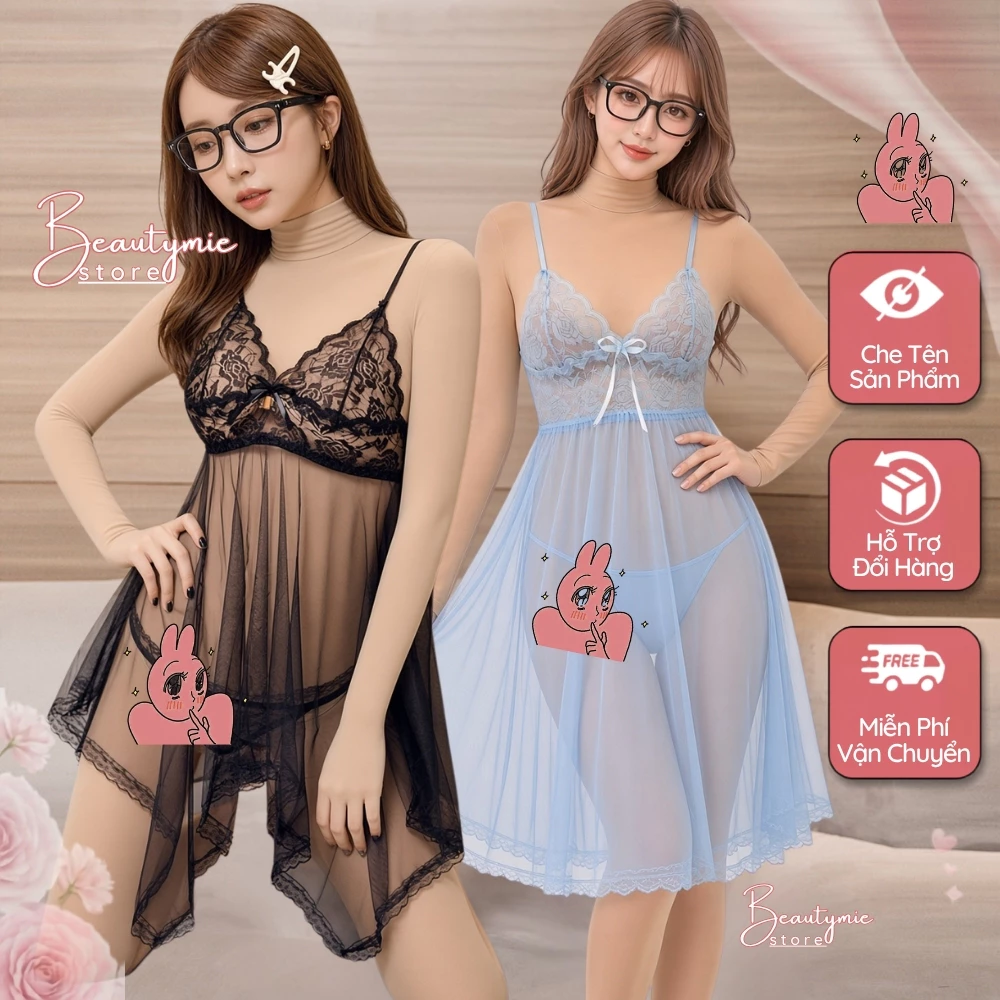 Váy ngủ 2 dây xuyên thấu sexy Tặng quần chip DN10 Đồ ngủ nữ cám dỗ đầm ngủ ren hai dây gợi cảm quyến rũ