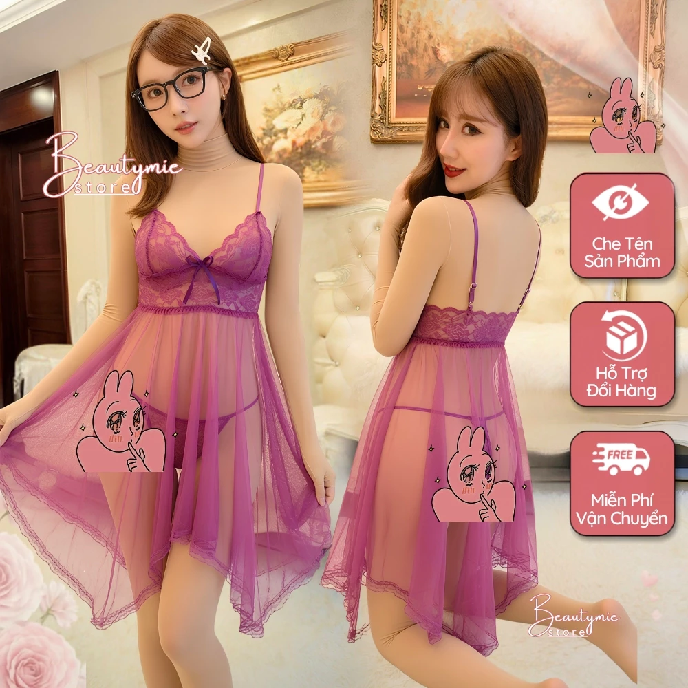 Đầm váy ngủ kiểu phối ren xuyên thấu đuôi cá tương phản nơ ren sexy DN10