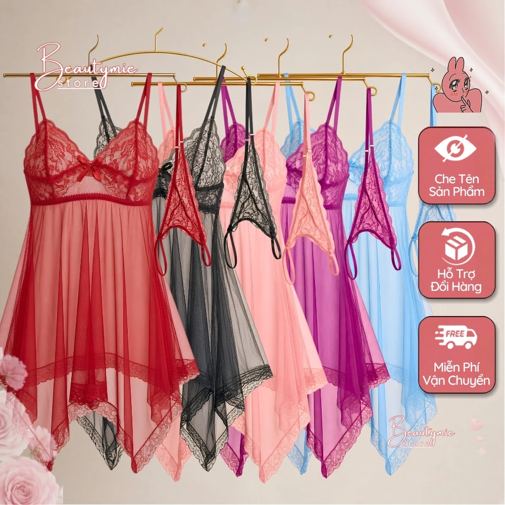 Váy ngủ 2 dây có bigsize, đồ ngủ sexy gợi cảm siêu mỏng xuyên thấu quyến rũ tặng kèm quần lọt khe DN10