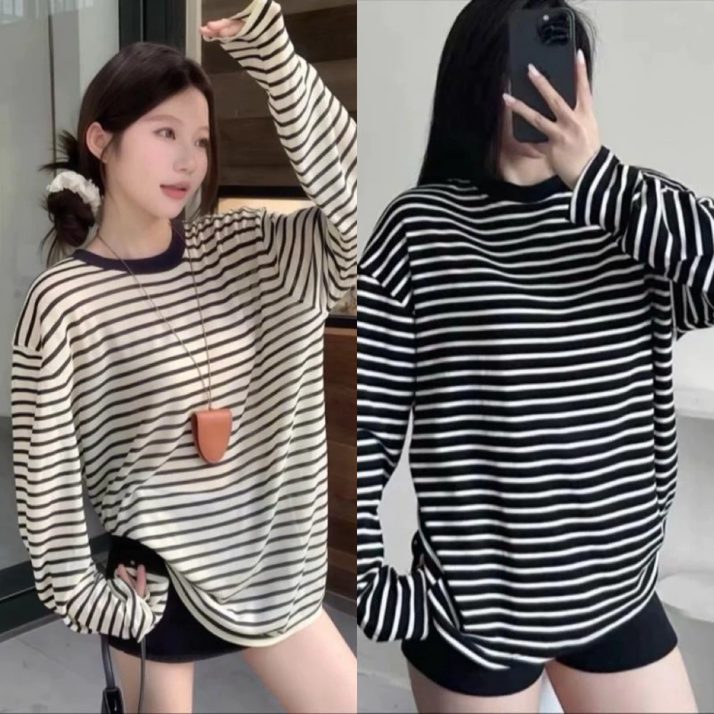 COMBO 2 Áo Thun Dài Tay Kẻ Ngang Đen Trắng Cổ Viền Basic Dễ Phối Đồ