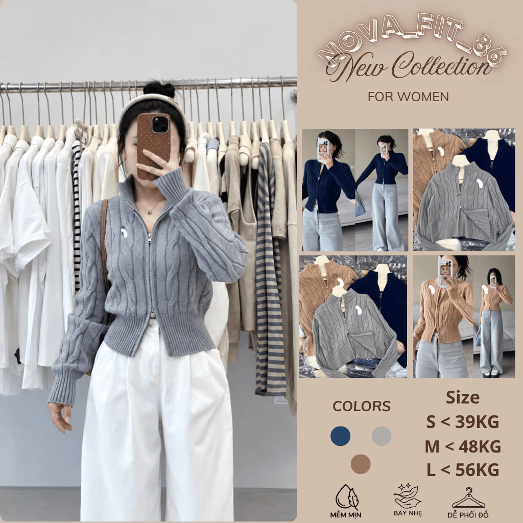 Áo Cardigan Len Vặn Thừng Nữ Dáng Ngắn Khóa Kéo Cổ Cao Áo Khoác Thu Đông Dày Dặn