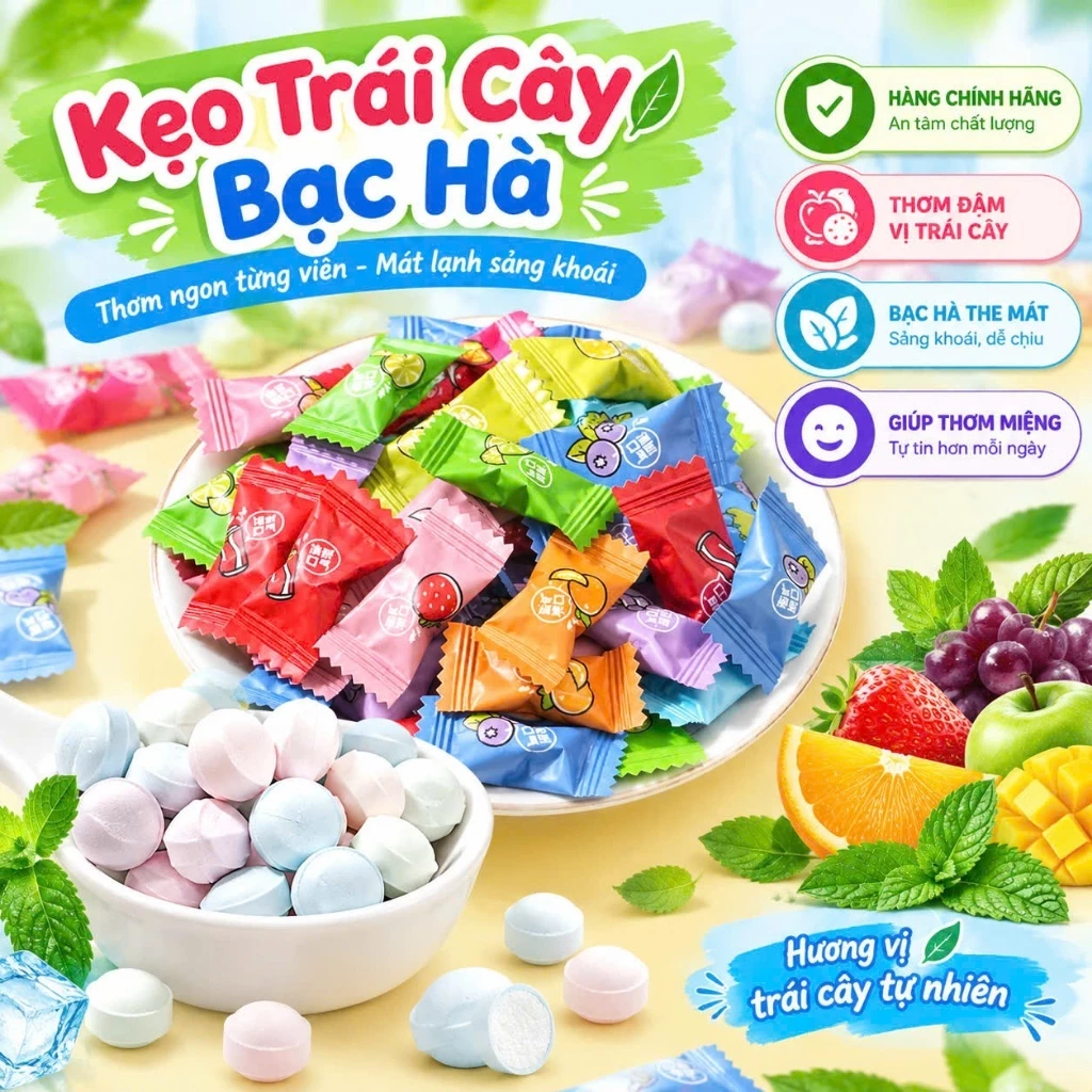 [Loại 1] Kẹo Ngậm Trái Cây Mix 12 Vị, Mát Lạnh Bạc Hà, Thơm Miệng, Kẹo Ngậm Không Đường, Kẹo Cứng