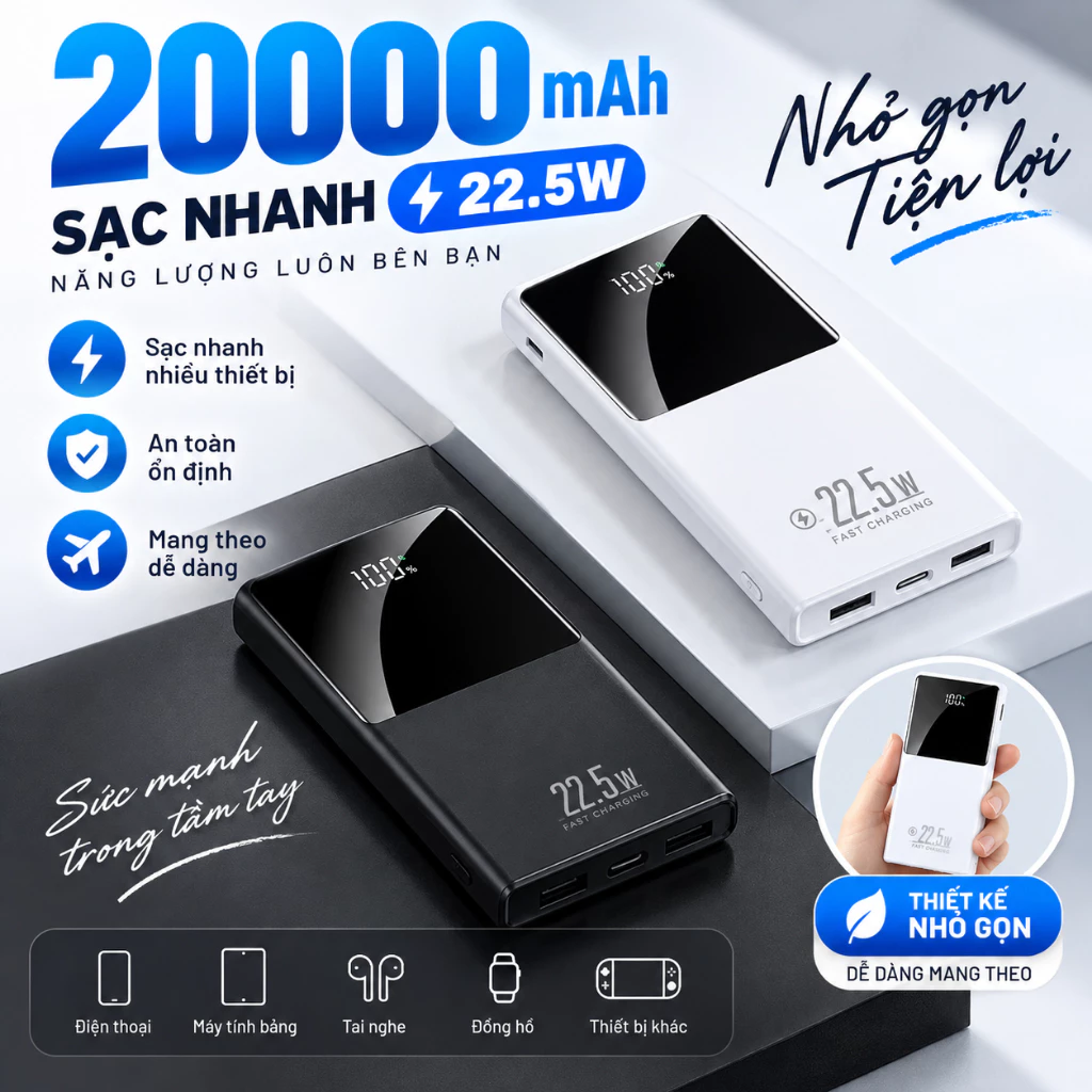 Sạc dự phòng dung lượng 20000mah hỗ trợ sạc nhanh 22.5W
