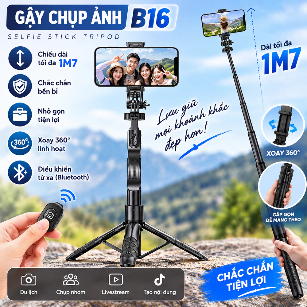 Gậy Chụp Ảnh 3 Chân B16 Thế Hệ Mới - Có Đèn Led Trợ Sáng - Nút Bluetooth Điều Khiển Từ Xa - Chính Hãng LINKEETECH
