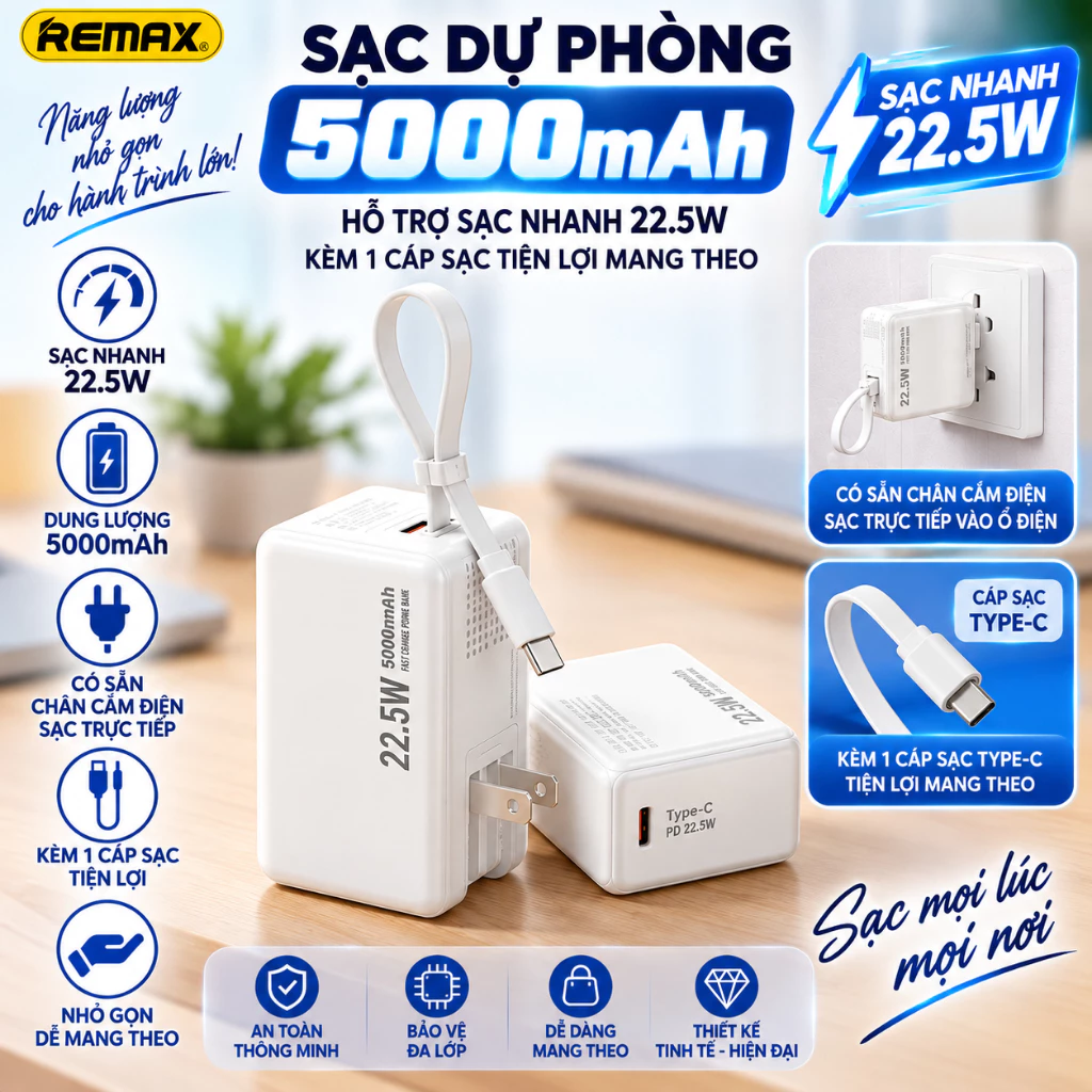 Bộ Sạc Nhanh dự phòng 5000mAh Mini Power Bank Bộ sạc di động Type-C & LN Cắm cho điện thoại Android phone ip