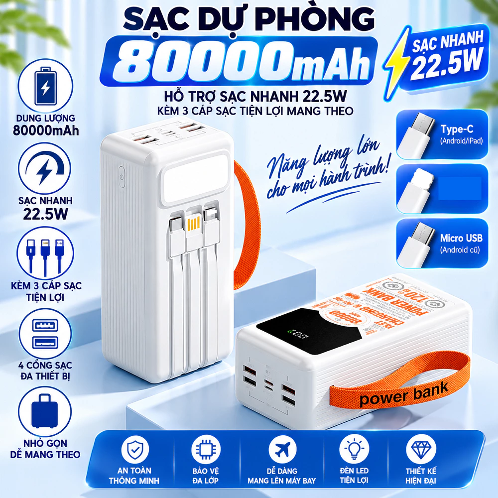 Sạc dự phòng 80.000mAh với 2 cổng sạc nhanh 22.5W và 20W kèm 4 đầu cáp sạc màn hình led bảo hành 12 tháng