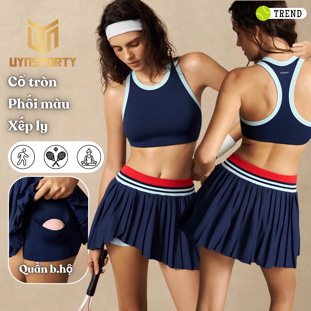 Đồ Tập Pickleball Nữ UYNSPORTY Áo Croptop Cổ Tròn Hở Lưng, Chân Váy Quần Xếp Ly, Bộ Pickleball Nữ