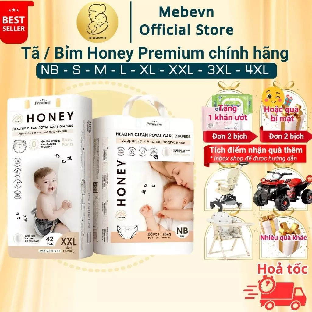 Tã/Bỉm Dán/Quần Honey Premium đủ size NB/S/M/L/XL/2XL/3XL/4XL bề mặt tơ tằm cho bé từ 5-20kg