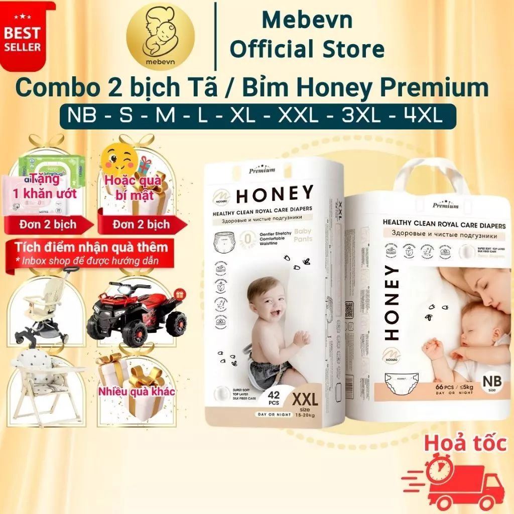 Combo 2 bịch bỉm Honey Premium đủ size NB/S/M/L/XL/2XL/3XL/4XL bề mặt tơ tằm cho bé từ 5-20kg