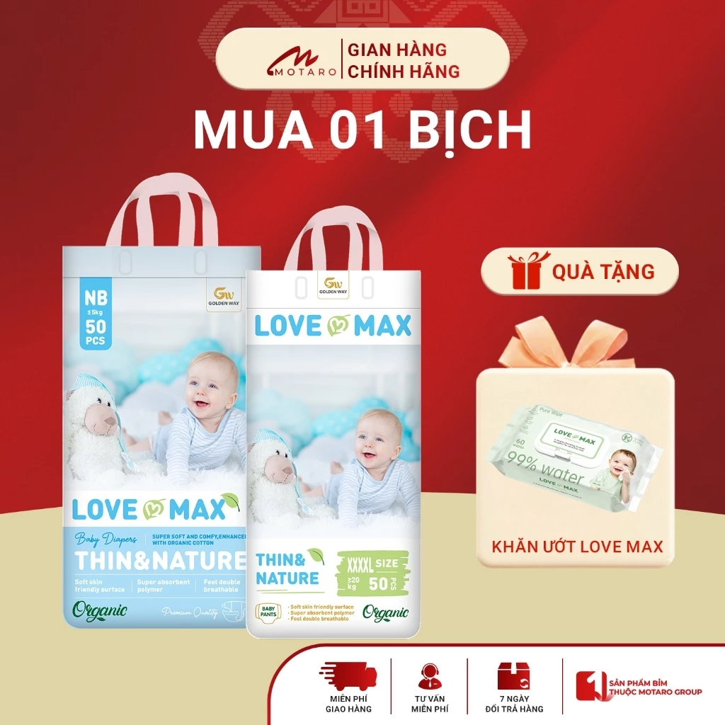 [COMBO 1 BỊCH] Tã Bỉm Dán Quần LOVE MAX 100% Organic Mỏng Nhẹ