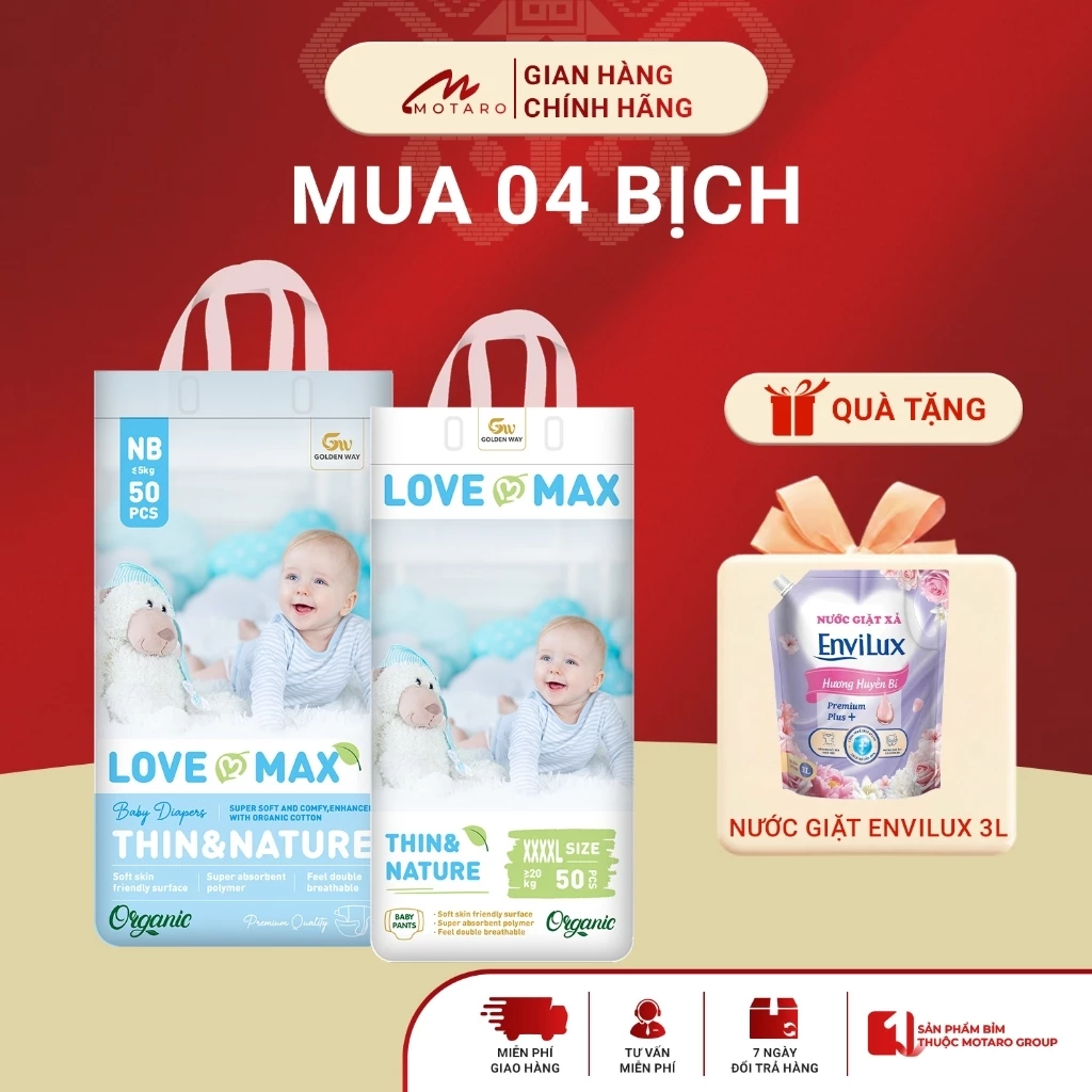 [COMBO 4 BỊCH] Tã Bỉm Dán Quần LOVE MAX 100% Organic Mỏng Nhẹ