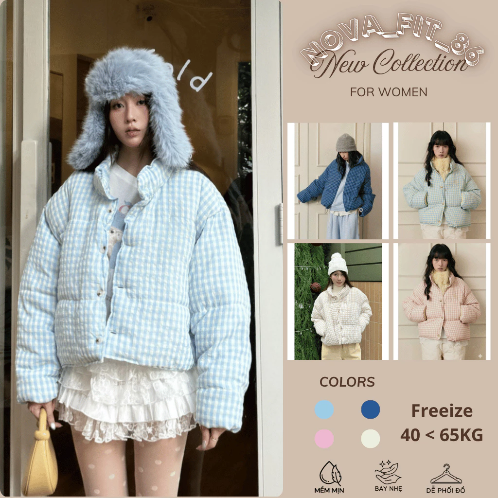 Áo Khoác Phao Nữ Caro Xanh Pastel Dáng Ngắn Thời Trang Hàn Quốc