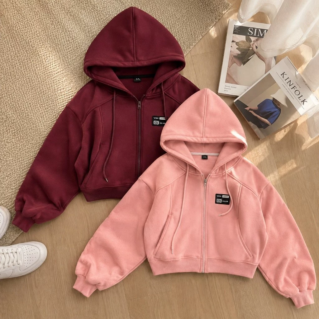 Áo Khoác Hoodie Zip Nữ Form Boxy Dáng Lững TOMANO Vải Nỉ Dày Tay Phồng Nón Rộng Chống Nắng - KNL20