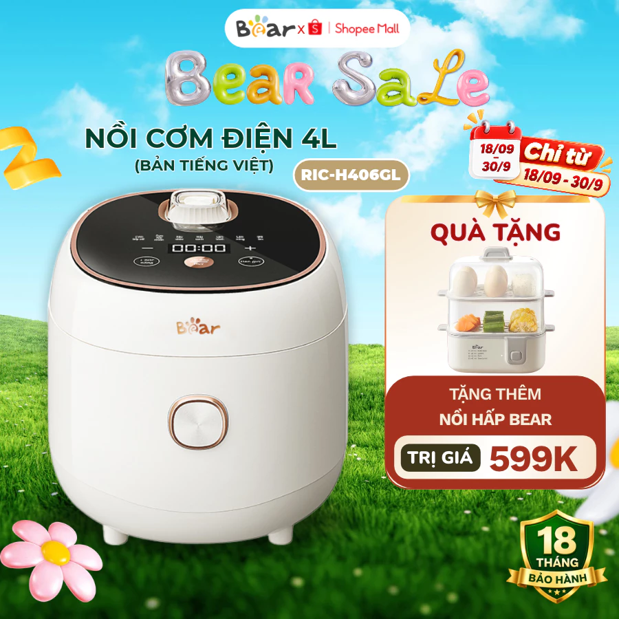 Nồi cơm điện Bear 4L RIC-H406GL, 800W, 6 chế độ nấu lõi nồi 6 lớp chống dính giữ nhiệt, BH 18 Tháng
