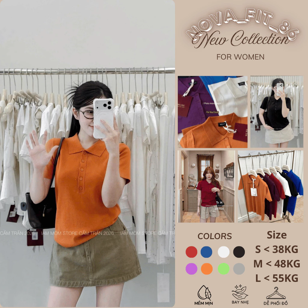 [SẴN ] 𝐖𝐆𝐖𝐄/ Áo Len Mongtoghi Cổ Polo Phối Cúc WG.WE 8770, Áo Len Dệt Kim Nữ Cổ Bẻ Tay Ngắn Form Ôm